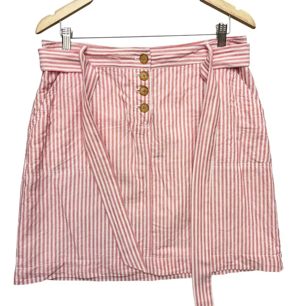 Talbots Linen Tie Waist Skirt Mini Midi Pink White Striped Skirt Size 10